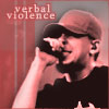 A person wearing a cap and dark shirt holds a phone to their ear against a red-toned background with 'verbal violence' text.