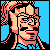 Pixelated 50x50 static icon of a character with long pink hair, glasses, and blue clothing against a solid light blue background.