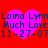 Red background with four pink hearts and repeated text 'Laina Lynn Much Love 11-27-07' in dark blue pixelated font.