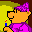 Pixelated character in purple outfit and hat holding blue candle with red tip, turning head left to right across frames.