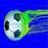 Pixelated soccer ball with black and white panels, green motion blur trail on right side, against solid blue background.