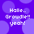 Pixelated text on a purple background with light purple circles; text reads 'Halle.. Groudie!! yeah!' in white.
