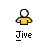 Pixelated character with white head and yellow shirt in multiple poses above text 'Jive' on gray background.
