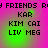 Pixelated text on a pink and green gradient background with repeated 'KAR', 'KIM CAI', 'LIV MEG' labels and 'FRIENDS' fragments.