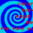 Blue and cyan spiral background with red pixelated text repeating 'veror mori kayla me ffs fore eliffs' in four quadrants.