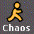 Pixelated figure in running pose with yellow-orange body and black outline above white text reading Chaos on checkered background.