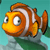 A 4-frame animated contact sheet of a cartoon clownfish with orange and white stripes, showing different facial expressions against a teal background with green rock-like shapes.