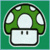 Pixelated green mushroom with white spots and a face on a teal background, next to '1 up' text on solid green.