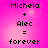 Pixelated text on a pink gradient background reads 'Michela + Alec = forever' in four identical arranged in a
