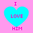 Four identical cyan heart-shaped icons with pink text on a pink background, each displaying 'I LOVE HIM' in pixelated font.