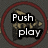 A circular red-bordered icon with a beige triangular shape containing dark patterns, displaying "Push play" text in the top-left view.