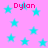 Pink background with scattered cyan stars and repeated pink text "Dylon" in pixelated font.