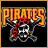 Pixelated icon with 'PIRATES' text above a skull and crossbones on black background, transitioning to yellow flag variant.