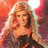 A pixelated image of a woman with long blonde hair in a black dress, standing against a colorful background with text overlays.