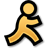 Pixelated yellow figure with black outline in walking pose against gray background, head as solid circle, limbs as angular shapes.