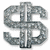 A pixelated dollar sign icon with a metallic texture, surrounded by repeated "bling" text in gray. The image shows multiple instances of the same design across different sections.