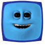 A 3x3 contact sheet of blue square cartoon faces with rounded corners and dark blue borders, showing eight distinct facial expressions across sampled frames.