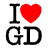 Static pixel art icon featuring a black uppercase 'I', a red heart symbol, and black uppercase 'GD' on a white background.