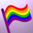 Rainbow flag on purple pole with six horizontal stripes in red orange yellow green blue purple, waving against light purple background.