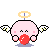 Pixelated pink angel with wings and halo holding a red ball, transitioning through multiple poses including floating, dropping the ball, and crying.