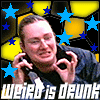 nine identical animated frames showing a person holding a microphone, making an OK gesture, with blue stars and yellow hexagons in the background and text reading "weird is drunk"