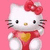 White cat with black eyes and whiskers, red bow on head, red dress with yellow heart, pink background, static pixelated image.