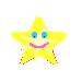 Yellow star-shaped character with blue eyes and pink mouth, two side-by-side pixelated frames showing slight pose variation.