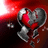 A pixelated heart-shaped icon with a broken center, red and gray tones on dark background, surrounded by text fragments.