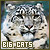 Pixelated close-up of a snow leopard's face with dark spots on light fur, below text reading 'BIG CATS' in blocky white letters.