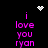 Pixelated text 'i love you ryan' in bright pink on black background with white pixel hearts and starbursts, animated as static elements shift position.