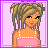Pixel art of a female character with blonde dreadlocks, green eyes, and a pink top, holding a white bag against a light purple background.