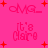A bright pink background with red text and star symbols, featuring repeated phrases "omg_" and "it's Claire" in a pixelated style.
