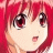 Pixelated anime-style face with red hair, large dark eyes, and a slightly open mouth showing a pink tongue.