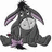 Pixelated cartoon donkey with gray body, pink inner ears, and pink bow sits on white background; blue and gray contain partial text