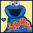 Blue Cookie Monster character with large eyes and open mouth holding cookies, next to a heart symbol that changes color.