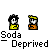 Pixel art of two cartoon figures with speech bubbles showing text like "HE..." and "WHAT ABOUT SODA?!", labeled "Soda Deprived" below.