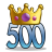 Golden crown with purple and pink gemstones sits atop large blue gradient numerals '500' on a gray background.