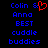 Blue pixelated text on black background with red heart symbol replacing ampersand in 'Colin & Anna' line.