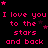 Pink pixelated text repeats "I love you to the stars and back" across a black background with scattered pink and purple star shapes.