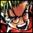 Pixelated anime character with green hair and red clothing, side profile facing left, mouth open in a wide grin, white teeth visible, black background with text "AnimeIM" and "c0m".