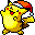 Pixelated yellow cartoon character with red cheeks, brown tail tip, and Santa hat in various poses including arms raised, hands clasped, and one hand on hip.