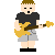Pixel art character with brown hair plays yellow electric guitar in multiple poses against white background.
