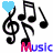 Pixelated music-themed icon with blue heart, treble clef, and musical notes above 'Music' text in red-blue gradient.