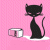Black cat silhouette with pink eyes sits beside a silver food bowl on white base against pink background, text 'meow' in purple script below.
