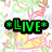 *LIVE* in green with asterisks, *LAUGH* with musical notes, and LOVE with hearts; pixelated text over colorful abstract background.