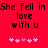 Red background with black pixelated text reading "She fell in love with u" repeated twice, each followed by five pink heart symbols.