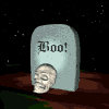 Animated sequence of a skull emerging from a tombstone with 'Boo!' text against a starry night background.