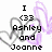 Pixelated text reads 'I (33 Ashley and Joanne' over a white background with gray and purple abstract shapes.