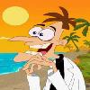 Pixelated cartoon character with exaggerated features standing on a beach at sunset, wearing a white lab coat over black clothing against an orange sky and blue water background.