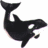 Black orca silhouette with white eye patch and mouth detail on white background, two versions show text above the icon.